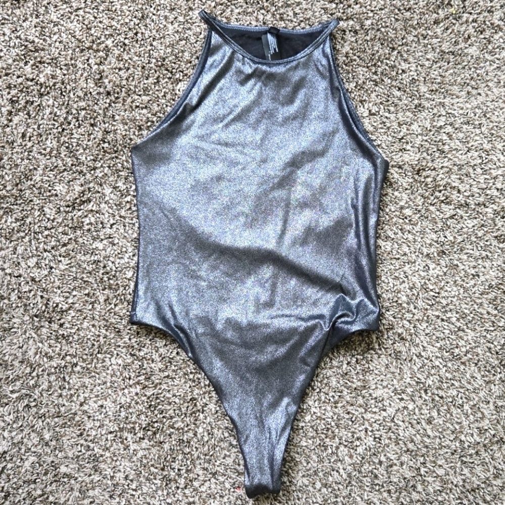 Victoria's Secret Bodysuit High Neck Sleeveless Mess Back Metallic Silver NWT